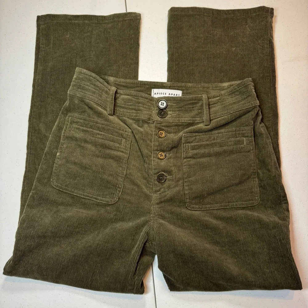 APIECE APART Slim Martson Corduroy‎ Pants High Waisted Olive Green Sz 4 Academia